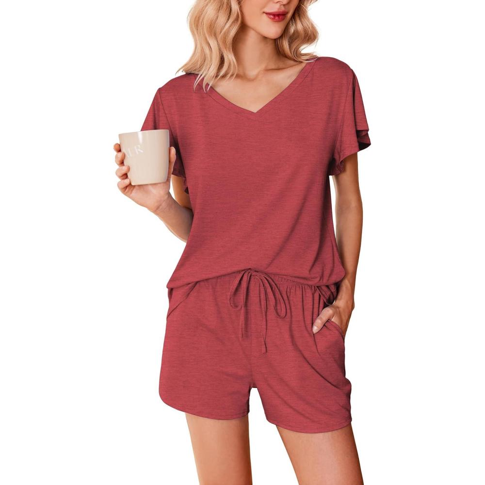 imageEkouaer Womens Pajamas Set Ruffle Sleeves Sleepwear V Neck Comfy 2 Piece Pjs Loungewear Set with Pockets SXXLWine Red
