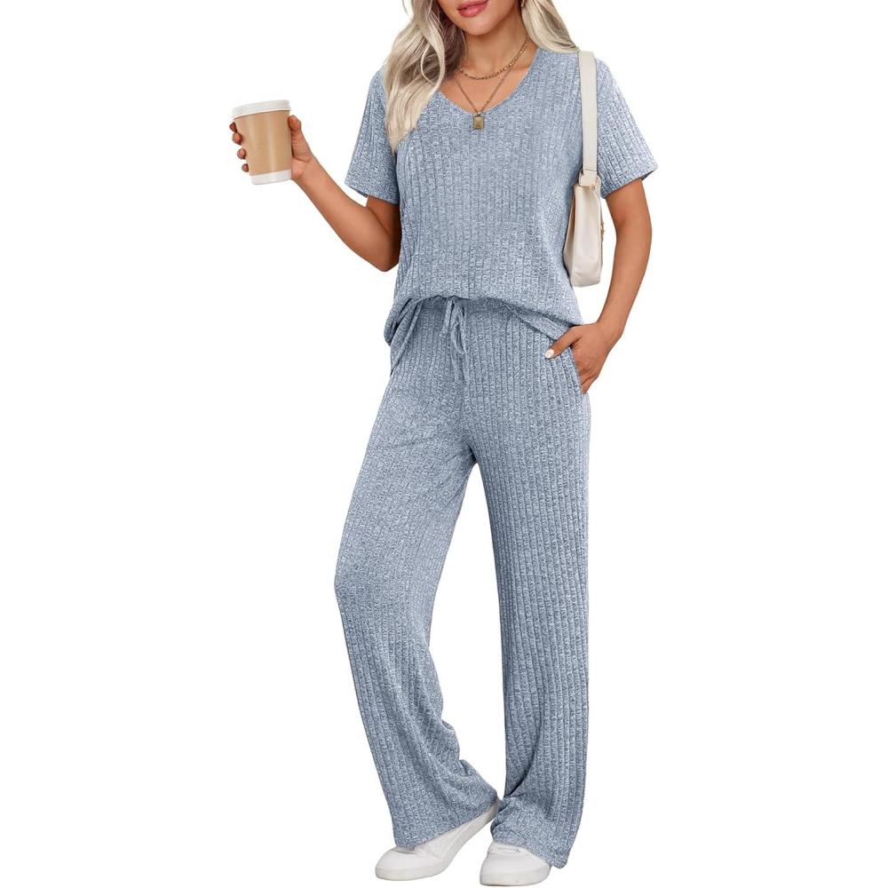 imageEkouaer Womens Ribbed Knit Lounge Set Short Sleeve Top and Long Pants Sleepwear Pajama Set Two Piece Matching Outfits SetBlue