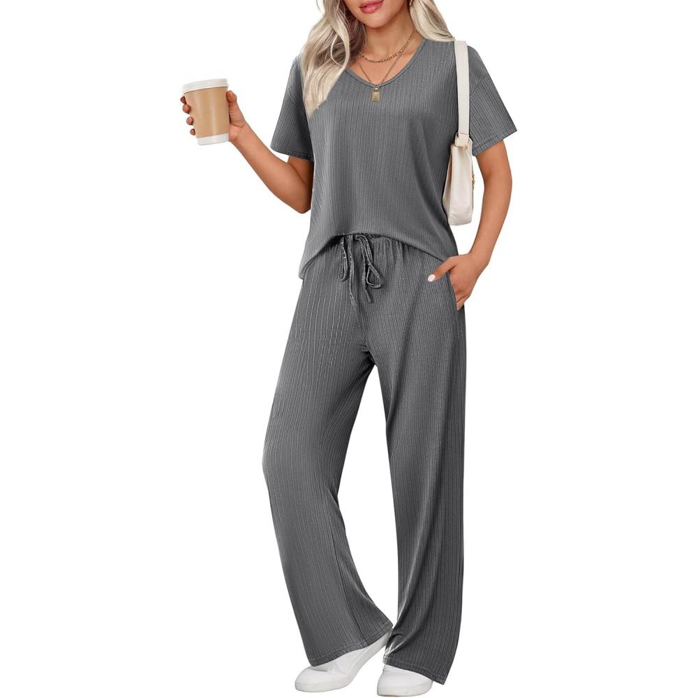imageEkouaer Womens Ribbed Knit Lounge Set Short Sleeve Top and Long Pants Sleepwear Pajama Set Two Piece Matching Outfits SetDark Gray