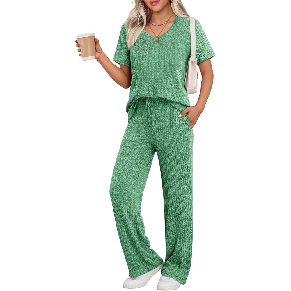 imageEkouaer Womens Ribbed Knit Lounge Set Short Sleeve Top and Long Pants Sleepwear Pajama Set Two Piece Matching Outfits SetGreen