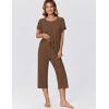 Ekouaer Capri Pajamas for Women Set Short Sleeve Lounge Set Soft Sleepwear Pullover Top and Pants(Brown)