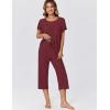 Ekouaer Capri Pajamas for Women Set Short Sleeve Lounge Set Soft Sleepwear Pullover Top and Pants(Wine Red)