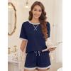 Ekouaer Pajamas for Women Short Sleeve Pjs Sets Crewneck Striped Tops and Shorts 2 Piece Lounge Sets with Pockets S-XXL(Solid-navy Blue)