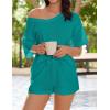 Ekouaer Womens 2 Piece Short Sleeve Waffle Knit V Neck Off Shoulder Casual Loose Fit Sweatsuit Outfits(Green)