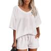 Ekouaer Womens 2 Piece Short Sleeve Waffle Knit V Neck Off Shoulder Casual Loose Fit Sweatsuit Outfits(White)