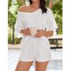 Ekouaer Womens 2 Piece Short Sleeve Waffle Knit V Neck Off Shoulder Casual Loose Fit Sweatsuit Outfits(White)