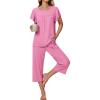 Ekouaer Capri Pajamas for Women Set Short Sleeve Lounge Set Soft Sleepwear Pullover Top and Pants(Deep Pink)