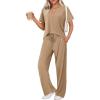 Ekouaer Womens Ribbed Knit Lounge Set Short Sleeve Top and Long Pants Sleepwear Pajama Set Two Piece Matching Outfits Set(Coffee)