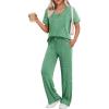 Ekouaer Womens Ribbed Knit Lounge Set Short Sleeve Top and Long Pants Sleepwear Pajama Set Two Piece Matching Outfits Set(Green)
