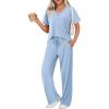 Ekouaer Womens Ribbed Knit Lounge Set Short Sleeve Top and Long Pants Sleepwear Pajama Set Two Piece Matching Outfits Set(Light Blue)