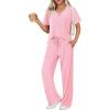 Ekouaer Womens Ribbed Knit Lounge Set Short Sleeve Top and Long Pants Sleepwear Pajama Set Two Piece Matching Outfits Set(Pink)