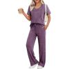 Ekouaer Womens Ribbed Knit Lounge Set Short Sleeve Top and Long Pants Sleepwear Pajama Set Two Piece Matching Outfits Set(Purple)