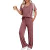 Ekouaer Womens Ribbed Knit Lounge Set Short Sleeve Top and Long Pants Sleepwear Pajama Set Two Piece Matching Outfits Set(Wine Red)