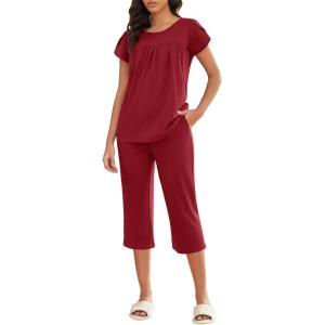 Ekouaer Capri Cotton Pajama Sets Short Sleeve Pleated Top and Pants 2 Piece Pjs Sleepwear with Pockets for Women