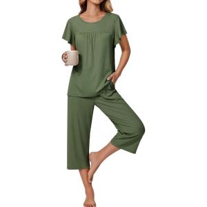 Ekouaer Capri Pajamas for Women Set Short Sleeve Lounge Set Soft Sleepwear Pullover Top and Pants(Army Green)
