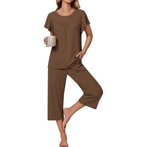Ekouaer Capri Pajamas for Women Set Short Sleeve Lounge Set Soft Sleepwear Pullover Top and Pants(Brown)