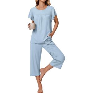 Ekouaer Capri Pajamas for Women Set Short Sleeve Lounge Set Soft Sleepwear Pullover Top and Pants(Clear Blue)