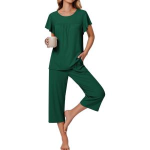 Ekouaer Capri Pajamas for Women Set Short Sleeve Lounge Set Soft Sleepwear Pullover Top and Pants(Green)