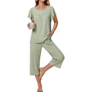 Ekouaer Capri Pajamas for Women Set Short Sleeve Lounge Set Soft Sleepwear Pullover Top and Pants(Ice Green)