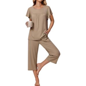 Ekouaer Capri Pajamas for Women Set Short Sleeve Lounge Set Soft Sleepwear Pullover Top and Pants(Khaki)
