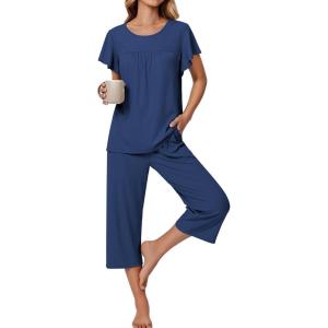 Ekouaer Capri Pajamas for Women Set Short Sleeve Lounge Set Soft Sleepwear Pullover Top and Pants(Navy Blue)