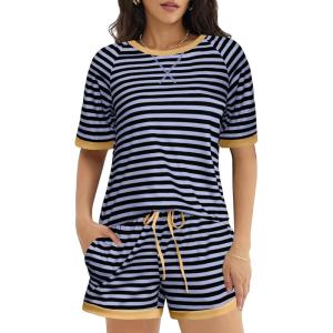 Ekouaer Pajamas for Women Short Sleeve Pjs Sets Crewneck Striped Tops and Shorts 2 Piece Lounge Sets with Pockets S-XXL(Black Blue Stripe)