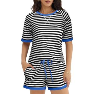 Ekouaer Pajamas for Women Short Sleeve Pjs Sets Crewneck Striped Tops and Shorts 2 Piece Lounge Sets with Pockets S-XXL(Black White Stripe)