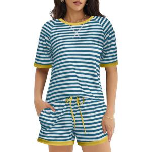 Ekouaer Pajamas for Women Short Sleeve Pjs Sets Crewneck Striped Tops and Shorts 2 Piece Lounge Sets with Pockets S-XXL(Blue White Stripe)