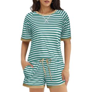 Ekouaer Pajamas for Women Short Sleeve Pjs Sets Crewneck Striped Tops and Shorts 2 Piece Lounge Sets with Pockets S-XXL(Green White Stripe)