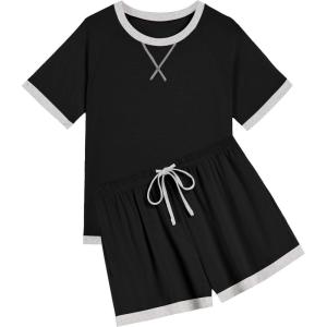 Ekouaer Pajamas for Women Short Sleeve Pjs Sets Crewneck Striped Tops and Shorts 2 Piece Lounge Sets with Pockets S-XXL(Solid-black)