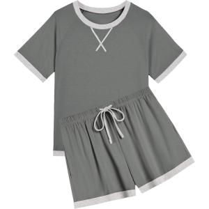 Ekouaer Pajamas for Women Short Sleeve Pjs Sets Crewneck Striped Tops and Shorts 2 Piece Lounge Sets with Pockets S-XXL(Solid-dark Grey)