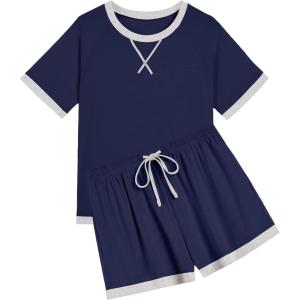 Ekouaer Pajamas for Women Short Sleeve Pjs Sets Crewneck Striped Tops and Shorts 2 Piece Lounge Sets with Pockets S-XXL(Solid-navy Blue)