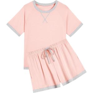 Ekouaer Pajamas for Women Short Sleeve Pjs Sets Crewneck Striped Tops and Shorts 2 Piece Lounge Sets with Pockets S-XXL(Solid-pink)
