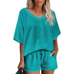 Ekouaer Womens 2 Piece Short Sleeve Waffle Knit V Neck Off Shoulder Casual Loose Fit Sweatsuit Outfits(Green)