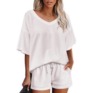 Ekouaer Womens 2 Piece Short Sleeve Waffle Knit V Neck Off Shoulder Casual Loose Fit Sweatsuit Outfits(White)