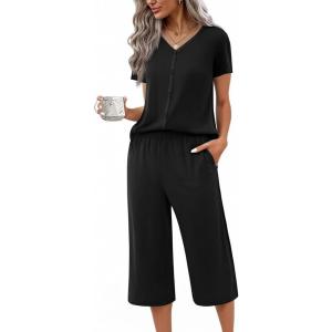 Ekouaer Women’s Pajama Sets Short Sleeve Sleepwear Button Up Pj Loungewear Top and Capri Pants with Pockets(Black 1)