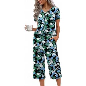 Ekouaer Women’s Pajama Sets Short Sleeve Sleepwear Button Up Pj Loungewear Top and Capri Pants with Pockets(Black and Blue Floral)