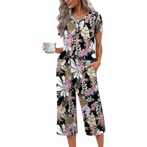 Ekouaer Women’s Pajama Sets Short Sleeve Sleepwear Button Up Pj Loungewear Top and Capri Pants with Pockets(Black and Pink Floral)