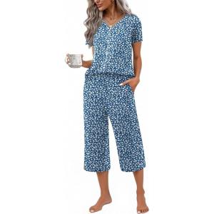 Ekouaer Women’s Pajama Sets Short Sleeve Sleepwear Button Up Pj Loungewear Top and Capri Pants with Pockets(Blue Flower)