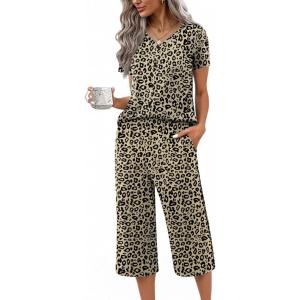 Ekouaer Women’s Pajama Sets Short Sleeve Sleepwear Button Up Pj Loungewear Top and Capri Pants with Pockets(Brown Leopard)