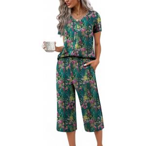 Ekouaer Women’s Pajama Sets Short Sleeve Sleepwear Button Up Pj Loungewear Top and Capri Pants with Pockets(Green Floral)