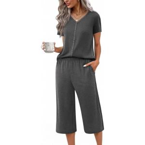 Ekouaer Women’s Pajama Sets Short Sleeve Sleepwear Button Up Pj Loungewear Top and Capri Pants with Pockets(Grey)