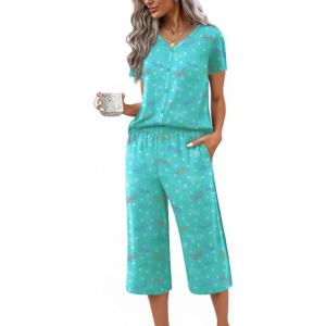 Ekouaer Women’s Pajama Sets Short Sleeve Sleepwear Button Up Pj Loungewear Top and Capri Pants with Pockets(Light Blue Butterfly)