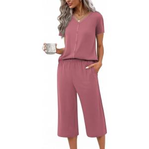 Ekouaer Women’s Pajama Sets Short Sleeve Sleepwear Button Up Pj Loungewear Top and Capri Pants with Pockets(Light Coral)