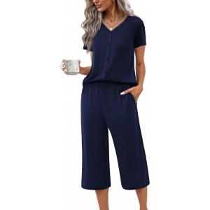 Ekouaer Women’s Pajama Sets Short Sleeve Sleepwear Button Up Pj Loungewear Top and Capri Pants with Pockets(Navy Blue)
