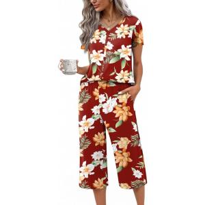 Ekouaer Women’s Pajama Sets Short Sleeve Sleepwear Button Up Pj Loungewear Top and Capri Pants with Pockets(Red Floral)