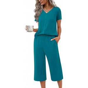 Ekouaer Women’s Pajama Sets Short Sleeve Sleepwear Button Up Pj Loungewear Top and Capri Pants with Pockets(Teal)