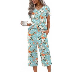 Ekouaer Women’s Pajama Sets Short Sleeve Sleepwear Button Up Pj Loungewear Top and Capri Pants with Pockets(Turquoise Floral)