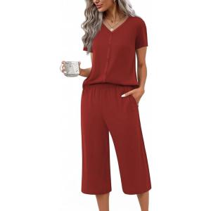 Ekouaer Women’s Pajama Sets Short Sleeve Sleepwear Button Up Pj Loungewear Top and Capri Pants with Pockets(Wine Red)