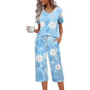Ekouaer Womens Pajama Sets Soft Cotton Pj Short Sleeve Top with Capri Pants Sleepwear 2 Piece Print Loungewear,S-XXL(Blue Flower)